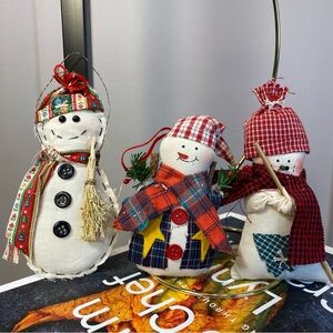 3 vintage handmade Christmas Folk Art Snowmen ornaments Funny Fabric